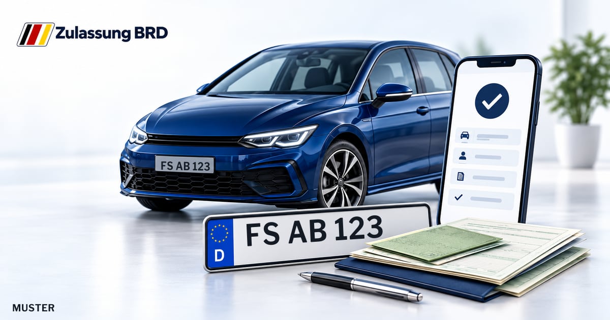 Online Fahrzeugzulassung in Neufahrn b.Freising: Musterkennzeichen FS AB 123, Auto und Fahrzeugpapiere und Smartphone. Illustration mit Logo von Zulassung BRD.